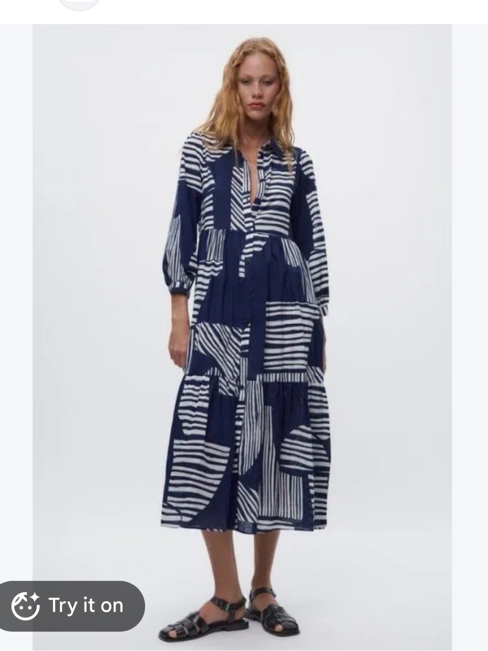 Zara Navy and White Patchwork Midi Dress